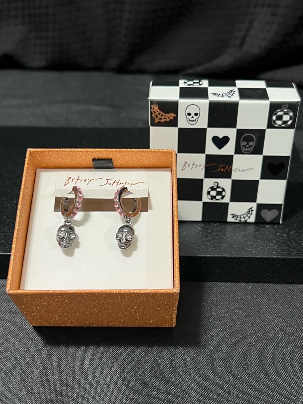 Betsey Johnson Silver and Pink Crystal Skull Hoop Earrings